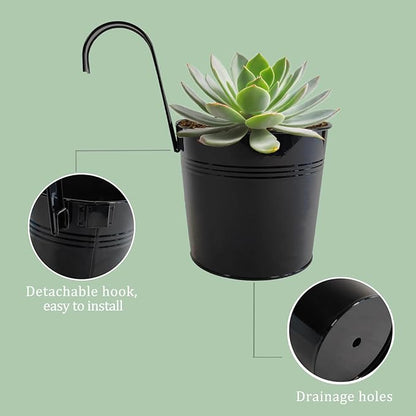 4 Pack Black Railing Planter, 6 Inch Metal Hanging Planters for Outside Balcony Rails Fence with Detachable Hooks, Flower Pots Outside for Garden Patio (Black, Pack of 4)