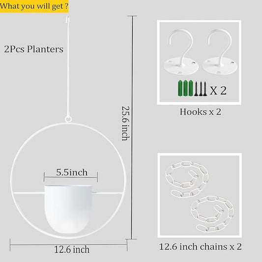 2 Pack Hanging Planters for Indoor Outdoor Plants Modern Metal Plant Hangers, Wall and Ceiling Hanging Plants Baskets Mid Century Minimalist Flower Pots Home Decor (White)