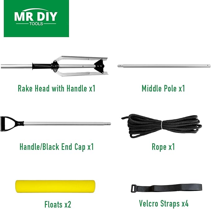 Floating Lake Rake, 36" Head Aluminum Landscape Rake with 103" Adjustable Handle, 20FT Rope & Float, Weed & Algae Removal of Leaves, Floating Scum