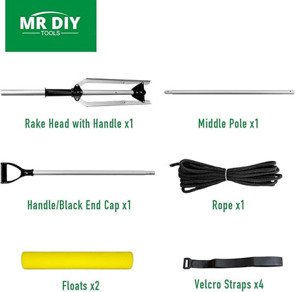 Floating Lake Rake, 36" Head Aluminum Landscape Rake with 103" Adjustable Handle, 20FT Rope & Float, Weed & Algae Removal of Leaves, Floating Scum