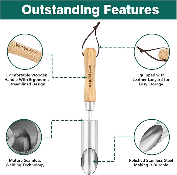Berry&Bird Bulb Planter Tool, 12" Garden Bulb Transplanter Tool, Stainless Steel Manual Hole Digger with Wooden Handle, Transplanting Agricultural Dibble Tool for Seed Planting & Flower Planter