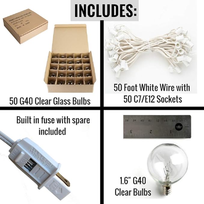 Hometown Evolution, Inc. 50 Foot Globe String Lights - White Wire - 50 G40 Clear 1.6 Inch Bulbs (+ 2 Free Spares) for Cafe Bistro Bedroom Wedding and Tent Lighting