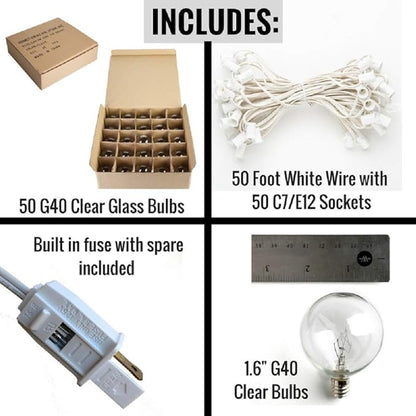 Hometown Evolution, Inc. 50 Foot Globe String Lights - White Wire - 50 G40 Clear 1.6 Inch Bulbs (+ 2 Free Spares) for Cafe Bistro Bedroom Wedding and Tent Lighting