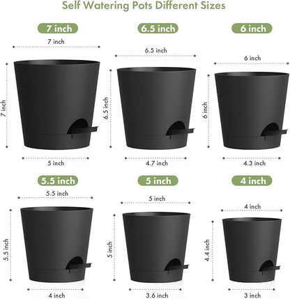 7/6.5/6/5.5/5/4 inch Self Watering Pots for Indoor Outdoor Plants, 6 Pack Plastic Flower Planters with Drainage Holes and Removable Saucers, Plant Pots with Wicking Rope, Modern Decor, Black