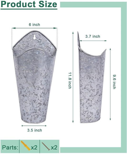 vensovo 12 Inches Galvanized Wall Planters - 2 Packs Metal Tin Vases for Flowers Indoors, Farmhouse Hanging Planter Tall Flower Holder for Country Decor Outdoors, Silver