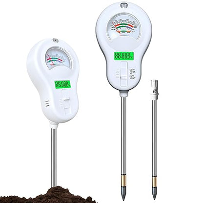 6-in-one Soil Test Kit-Soil Moisture Meter/PH Meter/Fertility/Sunlight Intensity Soil Tester, LCD Air Hygrometer&Temperature Moisture Meter for Plants-Garden, Lawn,Farm,2 Pack Detachable Probe