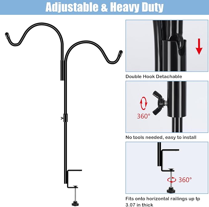 Gtongoko 35 Inch 2 Pack Double Deck Hook for Railing, Deck Bird Feeder Pole with 3 Inch Strengthened Clamp for Hanging Bird Feeders, Lanterns, Wind Chimes, Flower and Plant Baskets