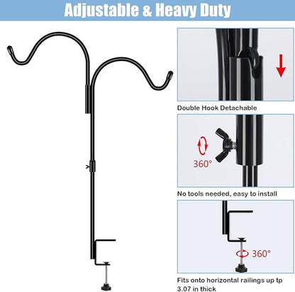 Gtongoko 35 Inch 2 Pack Double Deck Hook for Railing, Deck Bird Feeder Pole with 3 Inch Strengthened Clamp for Hanging Bird Feeders, Lanterns, Wind Chimes, Flower and Plant Baskets