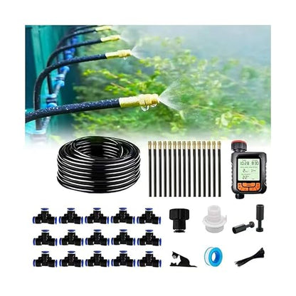 New drip Irrigation kit, Automatic Garden Watering System, Quick Connector and 360-degree Bending Dropper atomizing Copper Nozzle, Garden Plant Lawn Courtyard Watering System. (Timer)