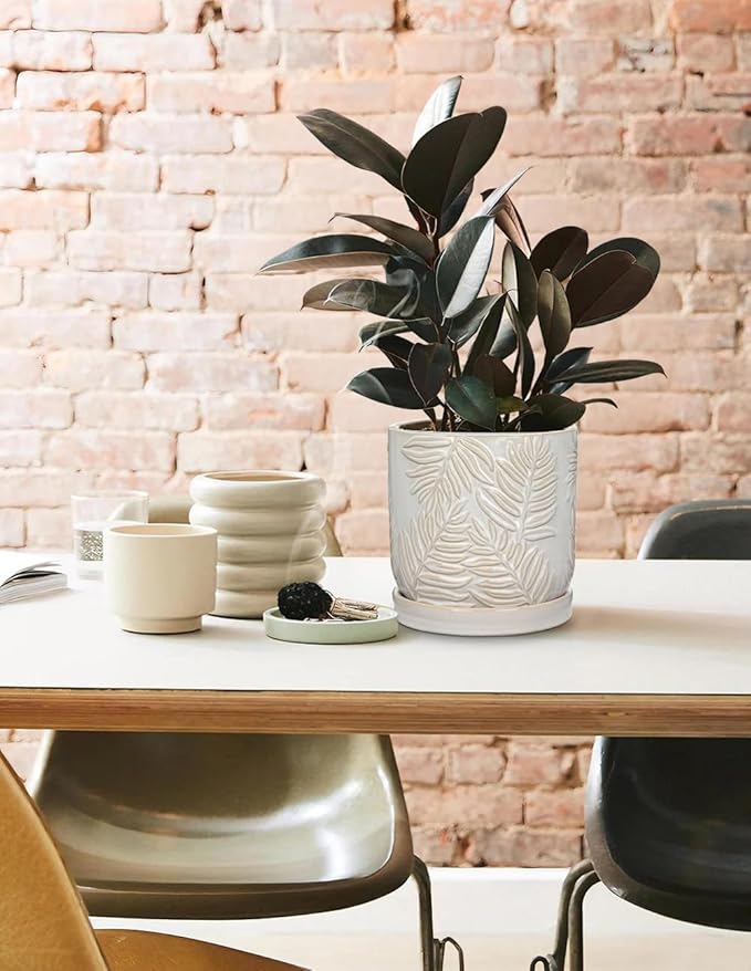 5.5 Inch Ceramic Planter Pots with Drainage Holes, Saucers for Indoor-Outdoor Plants, Succulent Orchid Flower Large Round Plant Pot Lvory White