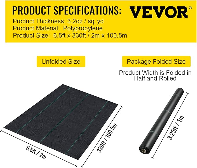 Happybuy 6.5FTx330FT Premium Weed Barrier Landscape Fabric Heavy Duty 3.2OZ, Woven Weed Control Gardening Mat, High Permeability Good for Flower Bed, Geotextile Fabric, Driveway Fabric, Ground Cover