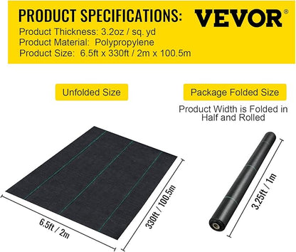 Happybuy 6.5FTx330FT Premium Weed Barrier Landscape Fabric Heavy Duty 3.2OZ, Woven Weed Control Gardening Mat, High Permeability Good for Flower Bed, Geotextile Fabric, Driveway Fabric, Ground Cover