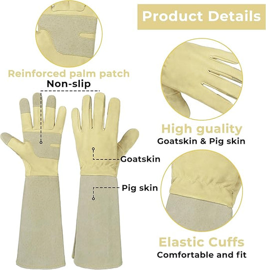 HLDD HANDLANDY Long Gardening Gloves, Leather Thorn Proof Rose Pruning Glove for Men & Women, Great Gift for Gardener