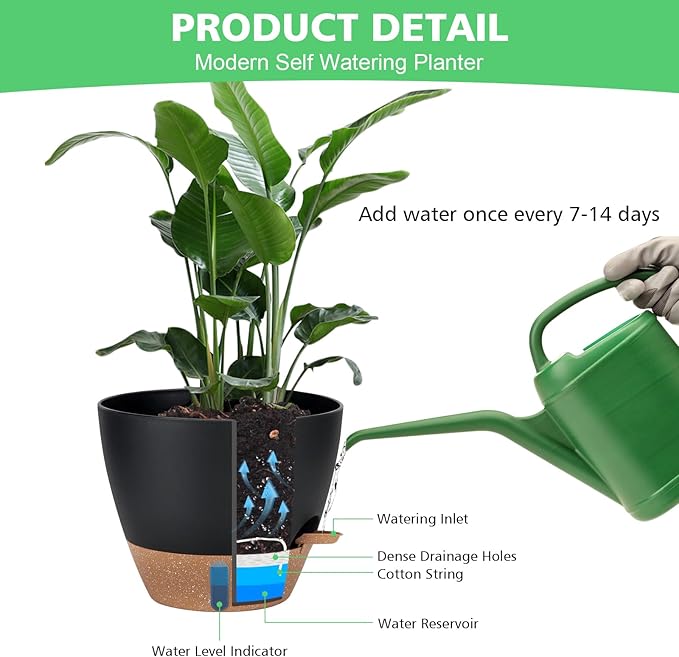 12" 10" 9" 8" Self Watering Pots with Water Level Indicator, Large Plastic Planters Set with Mesh Drainage Hole and Removable Saucer Reservoir, Big Flower Pot for Indoor Outdoor Plants (Black)