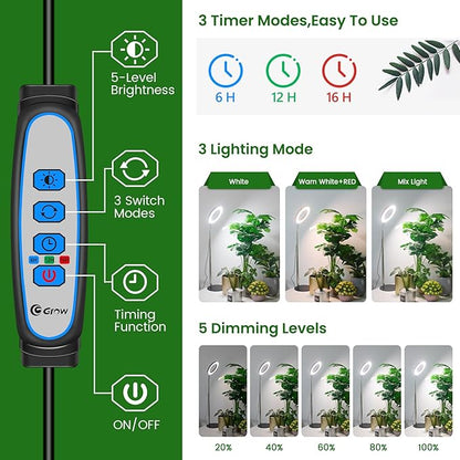 Grow Lights, Full Spectrum Plant Light for Indoor Plants, 2 in 1 Design 6.3in Desktop Growing Lamp with Auto Timer for 6/12/16Hrs,3 Optional Spectrums,5 Brightness,Height Adjustable 9.8"-37.4"