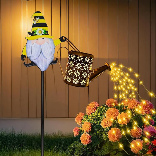 Solar Watering Can with Cascading Lights Outdoor Garden Decor, Gnome Shaped Hook Gardening Gifts for Mom Women Grandma Birthday, Solar Lights for Garden Decorations Patio Yard Lawn Backyard