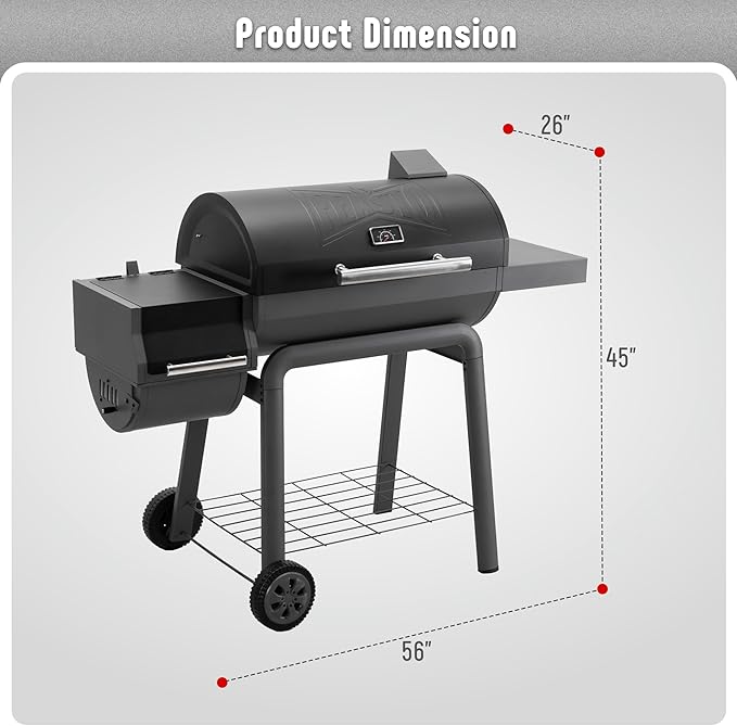 BBQ Charcoal Grill with Offset Smoker Grill and Side Table, 30-In Heavy-Duty Outdoor BBQ Grill with 832 Sq. In. Cooking Space for Outdoor Barbecue in Backyard, Patio and Parties, Black