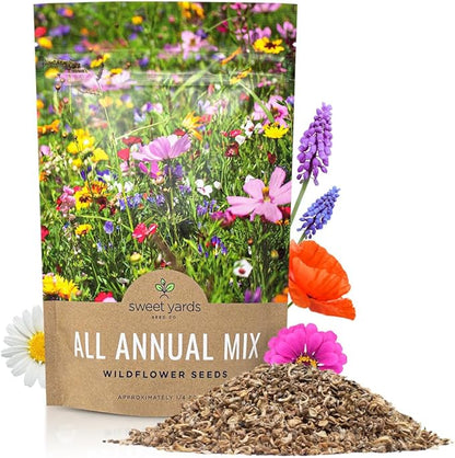 Bulk Wildflower Seeds Annual Quick Blooming Mix - 1/4 Pound Bag - Over 30,000 Open Pollinated Seeds