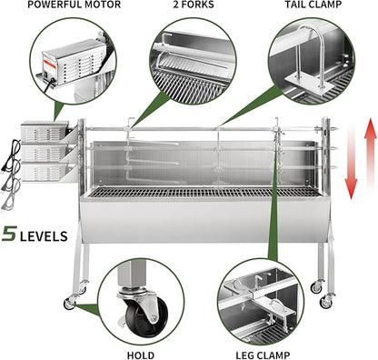 Rotisserie Grill Charcoal Spit Roaster, Stainless Steel 46" Pig Lamb Hooded Roaster Charcoal Spit with 30W Motor & Adjustable Height Lockable Casters for Party Barbecue, Rated 150 LB