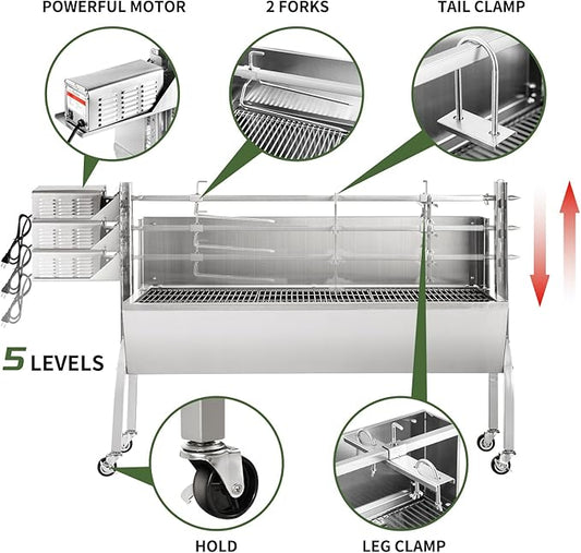 Rotisserie Grill Charcoal Spit Roaster, Stainless Steel 46" Pig Lamb Hooded Roaster Charcoal Spit with 30W Motor & Adjustable Height Lockable Casters for Party Barbecue, Rated 150 LB