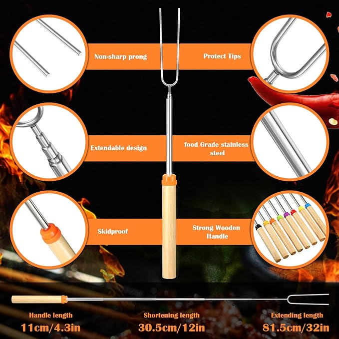 32 Inch Marshmallow Roasting Sticks Bulk, Smores Skewers for Fire Pit Kit, Hot Dog Camping Skewers Accessories Campfire Marshmellow Extendable Forks Bbq Tools Smores Sticks(20 Pack)
