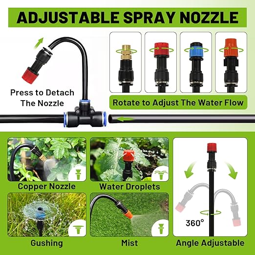Drip Irrigation Kit - 100 FT. Hose Sprinkler System with 360° nozzles and T-connectors for Gardens, lawns, Plants, Flower beds, Trees, patios and hydroponics (28 nozzles + 28 connectors)