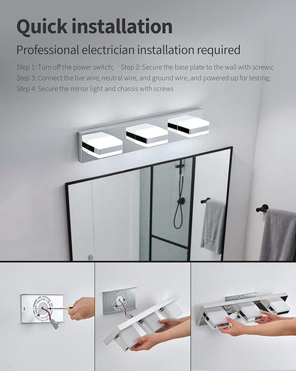 Bathroom Lighting Fixtures Over Mirror, 3 Light Bathroom Vanity Light Fixtures with Cool White 5000K, Silver LED Modern Vanity Wall Lights for Bath, Dressing Room, Restroom, 21.6 inch