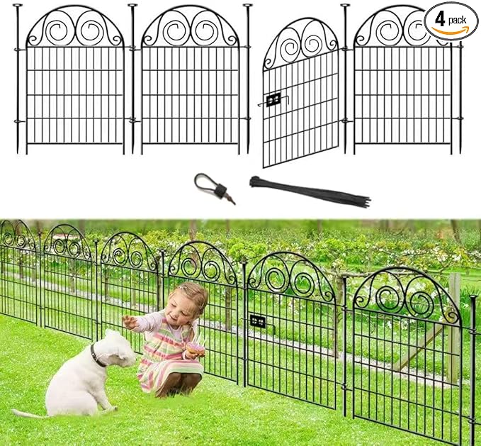 Dog Fence Outdoor for Yard, 32 in(H)×8.8 Ft(L) 4 Panels Garden Fences with Gate, Black Metal No Dig Fence for Dogs, Reusable Defense Temporary Fencing│Patented