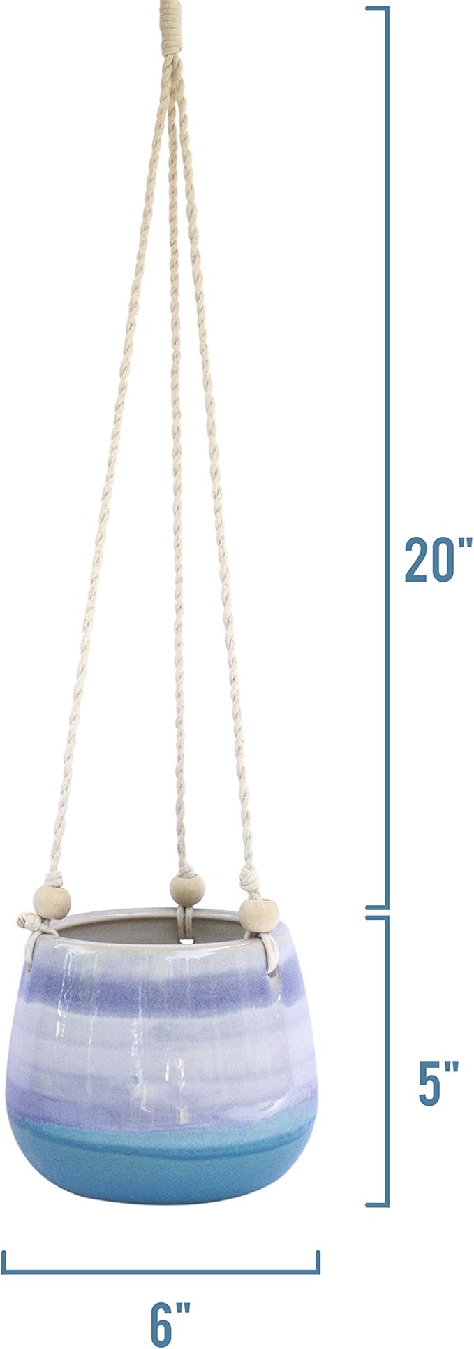 23 Bees Ceramic Hanging Planter | Blue Succulent Pots | Round Plant Holder Container | Cactus Pot with Cotton Rope Hanger | Indoor Outdoor Decor (1 Pack x Blue Horizon)