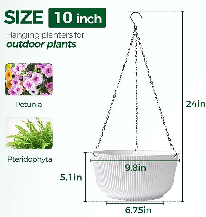 T4U 10 Inch Hanging Planters for Indoor Plants, 2 Pack White Self Watering Hanging Plant Pot, Hanging Pots Set with Drainage Hole & Plug & Chain with 3 Hooks for Garden Home Decor