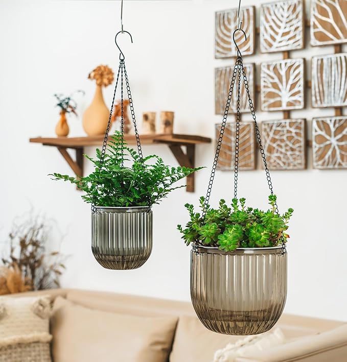 Melphoe 2 Pack Self Watering Hanging Planters Indoor Flower Pots, 5.3/8.3 Inch Outdoor Hanging Basket, Plant Hanger with 3Hooks Drainage Holes for Garden Home (Gray)