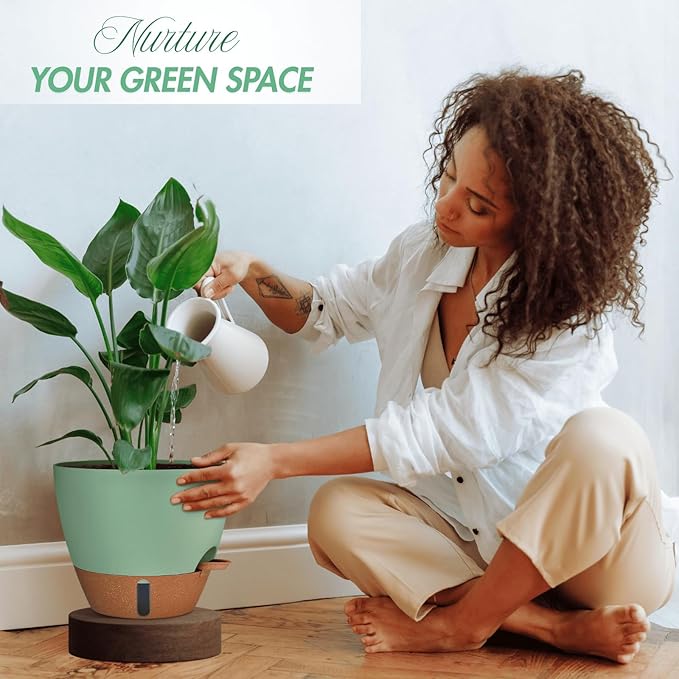 12/10/8 Inch Self Watering Pots for Indoor Plants Plastic Large Plant Pot for Outdoor Plants, Water Level Window & Spacious Reservoir Flower Pots Decorative Planter with Drainage and Tray (Green)