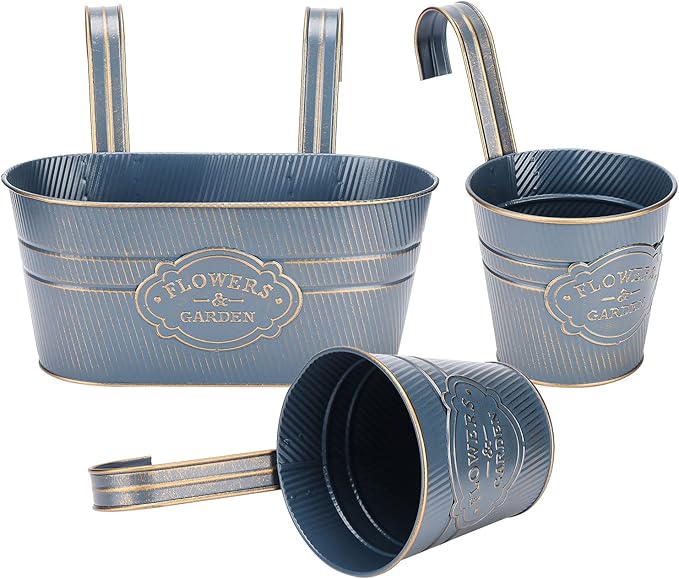 PerGar Vintage Metal Iron Wall Hanging Flower Pots, Rustic Planter Bucket Herb Flower Plant Holder with Detachable Hooks & Drainage Hole for Railing Fence Balcony Deck Garden Home Decoration, Set of 3