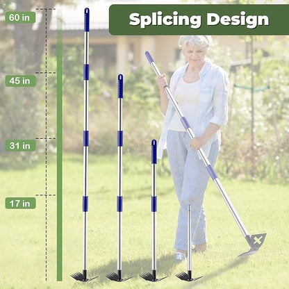 Weed Puller Tool with Long Handle, 60'' Weed Remover Weeding Tool, Heavy Duty 2 in 1 Manual Weed Rake and Garden Hoe, Gardening Weeder Tools for Yard, Lawn, Patio, Garden Blue