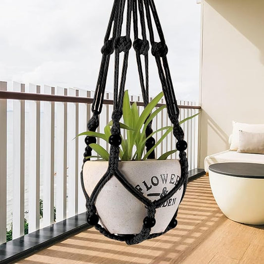 3-Pack Macrame Plant Hanger Indoor - Hanging Planter Basket for Indoor Outdoor - Decorative Boho Plant Holders Set with Beads - Ceiling Flower Pot Holder with 6 Hooks - 35"/30"/24" Black