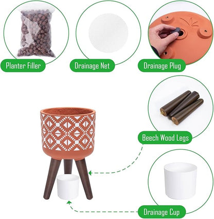 D'vine Dev 8 Inch Planter Pot with Stand, Mid-Century Tall Plant Pot with Legs for Indoor Plants, Pottery Red Terracotta/White, 88-G-A-5