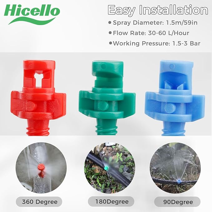 110pcs 90/180/360 Degree Micro Sprinkler Heads Misting Nozzle Irrigation Drippers Garden Lawn Plant Irrigation Water Sprinklers(90°-30pcs, 180°-30pcs, 360°-50pcs, Drip Hole Punch Tool-1pc)