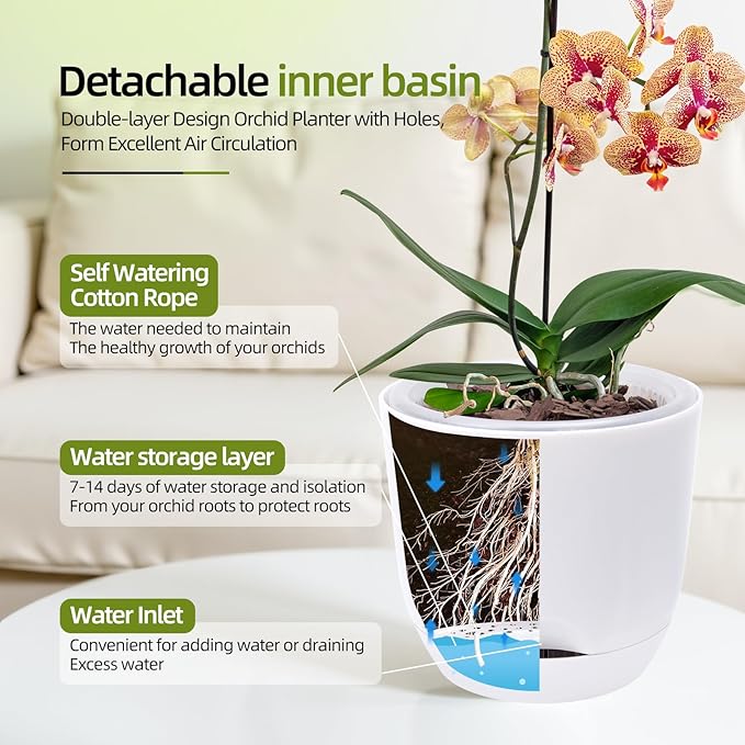 QCQHDU 2 Pack 5.7Inch Orchid Pots with Holes for Repotting, Double-Layer and Self Watering Orchid Pot with Good Air Circulation