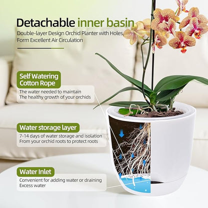 QCQHDU 2 Pack 7.2 Inch Orchid Pots with Holes for Repotting, Double-Layer and Self Watering Orchid Pot with Good Air Circulation