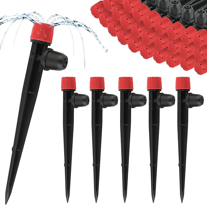 50PCS 1/4” Drip Irrigation Drippers with Lock, Kalolary Drip Irrigation Emitters for 4/7mm Tube, Adjustable 360 Degree 8 Holes Water Flow Sprayer Micro Spray Drip System Parts for Lawn Yard Pot (Red)