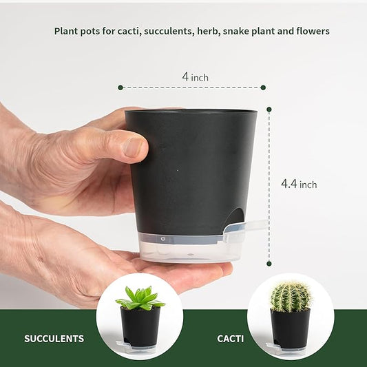 4 Inch 10 Pack Small Self Watering Pots for Indoor Plants, Nursery Pot with Drainage Holes and Saucers, Plastic Small Flower Planter for Succulent, Aloe, Cacti and More (Black)