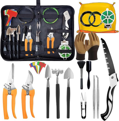 Bonsai Tools Set for Beginners, Bonsai Tree Kit with Training Wire, Scissors, Pruning Shears, Repotting Kit, Indoor Plant Tools Starter Kit (Orange with saws)
