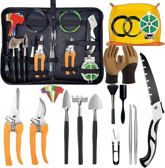 Bonsai Tools Set for Beginners, Bonsai Tree Kit with Training Wire, Scissors, Pruning Shears, Repotting Kit, Indoor Plant Tools Starter Kit (Orange with saws)