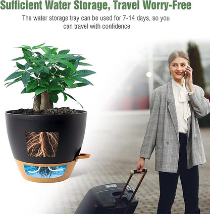 12 inch Large Self Watering Pots, Plastic Planters with 60oZ Removable Deep Reservoir and Multi Mesh Drainage Holes for Indoor Outdoor Garden Plants and Flowers, Black with Brown