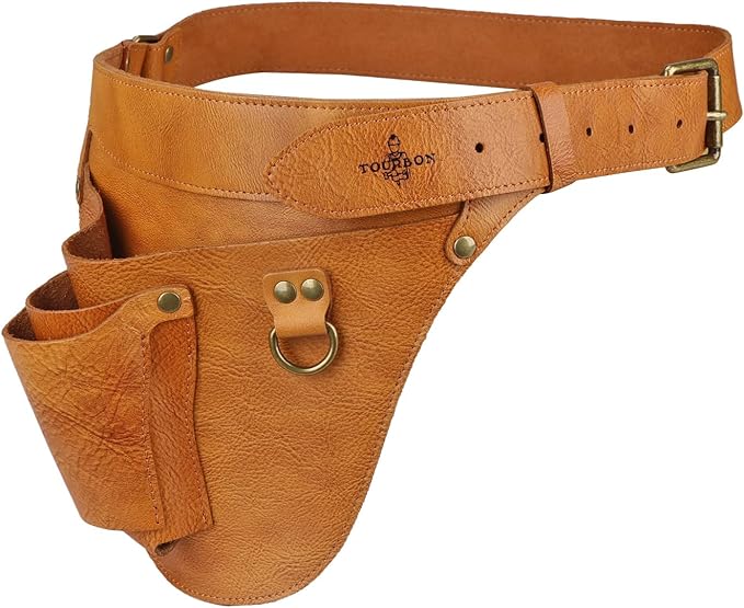 Tourbon Genuine Leather Florist Tool Belt Bag Gardener Farmer Tools Holster Waist Pouch Electrician Carpenter Organizer Kit 3 Pockets (Brownish Yellow, 42 inches)