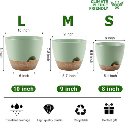 Plant Pots 10/9/8 Inch Self Watering Pots, Set of 3 Plastic Planters with Drainage Holes and Saucers,Plastic Flower Pots,Nursery Planting Pot for Indoor Out Door Plants（Green）
