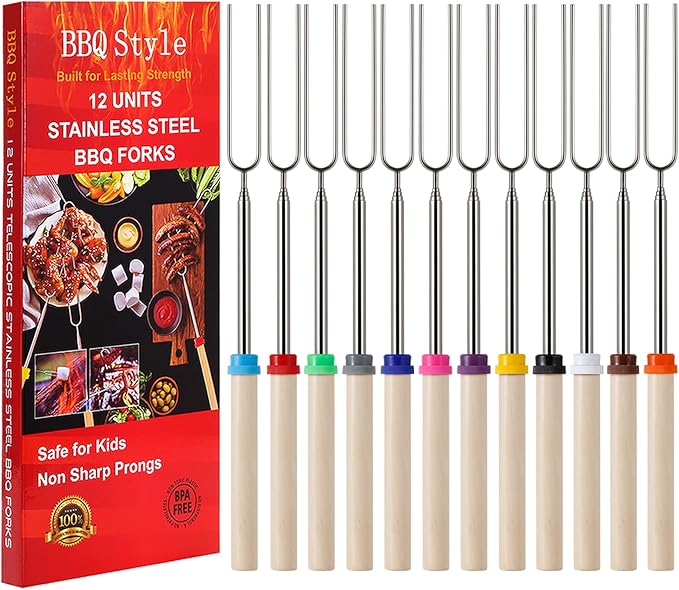 12 PCS Marshmallow Roasting Sticks, Telescoping Smores Sticks for Open Fire Pit, 32 Inch Long Marshmallow Toasting Barbecue Forks S'mores Skewers for Campfire Camping Hotdog Hot Dog Bonfire Grill