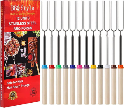12 PCS Marshmallow Roasting Sticks, Telescoping Smores Sticks for Open Fire Pit, 32 Inch Long Marshmallow Toasting Barbecue Forks S'mores Skewers for Campfire Camping Hotdog Hot Dog Bonfire Grill