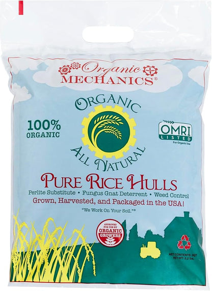 Organic Mechanics Pure Rice Hulls, 8 qt - Sustainable Alternative to Perlite - Enhances Drainage, Porosity and Air Space - Eco-Friendly