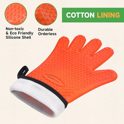 GEEKHOM BBQ Gloves Heat Resistant Oven Mitts - Silicone Grilling Gloves with 13.7" Arm Protection - Waterproof Pot Holder Non-Slip for Men & Women, Kitchen Outdoor Cooking, Baking, Camping, Orange
